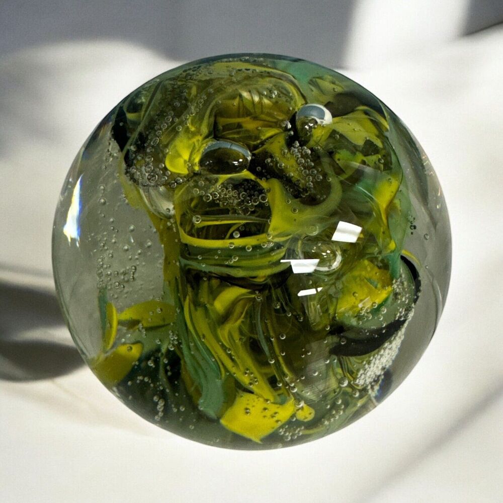 Yellow & Green Ribbon Swirled Art Glass‎ Paperweight Signed SALLY or LALLY